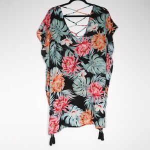 Kona Sol Womens Swim Coverup Size Medium Black Pink Blue Tropical Leaves Tassels